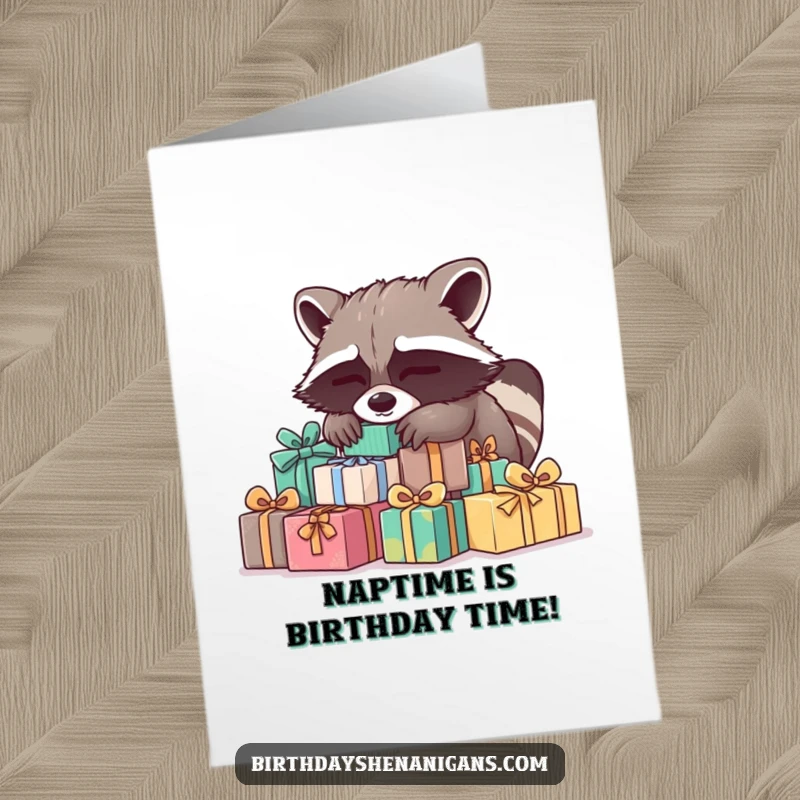 Funny Free Printable Birthday Card: A sleepy raccoon character blissfully napping on a mountain of birthday presents.