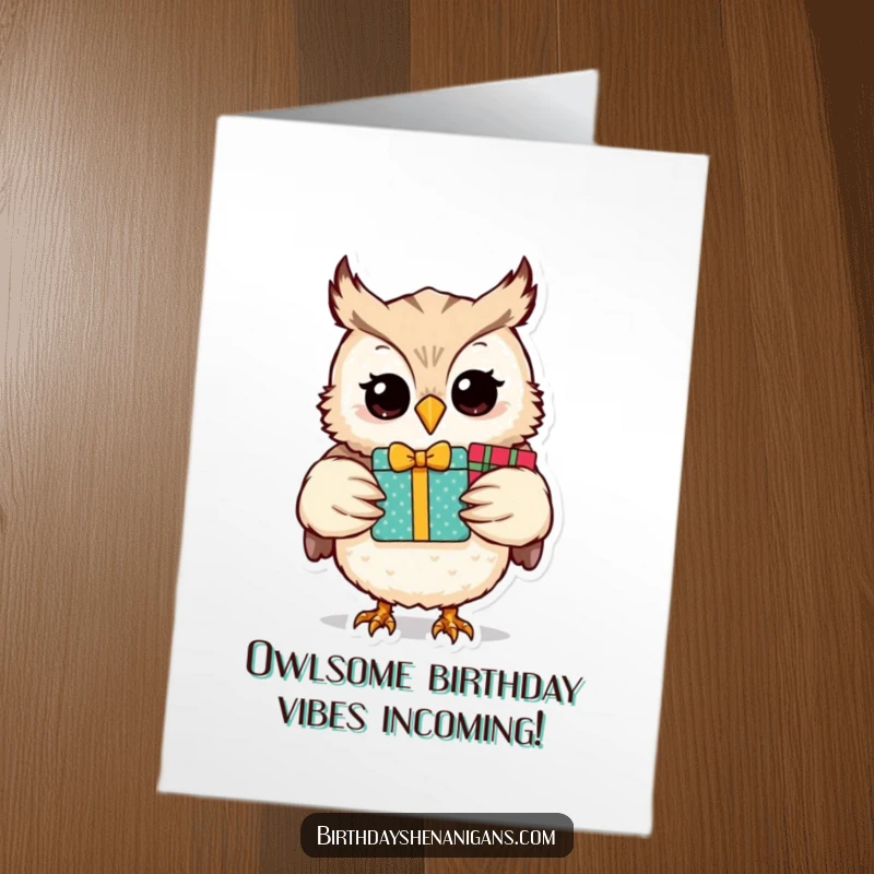 Funny Free Printable Birthday Card: A wise and joyful owl clutching a large stack of colorful presents, ready for a party.