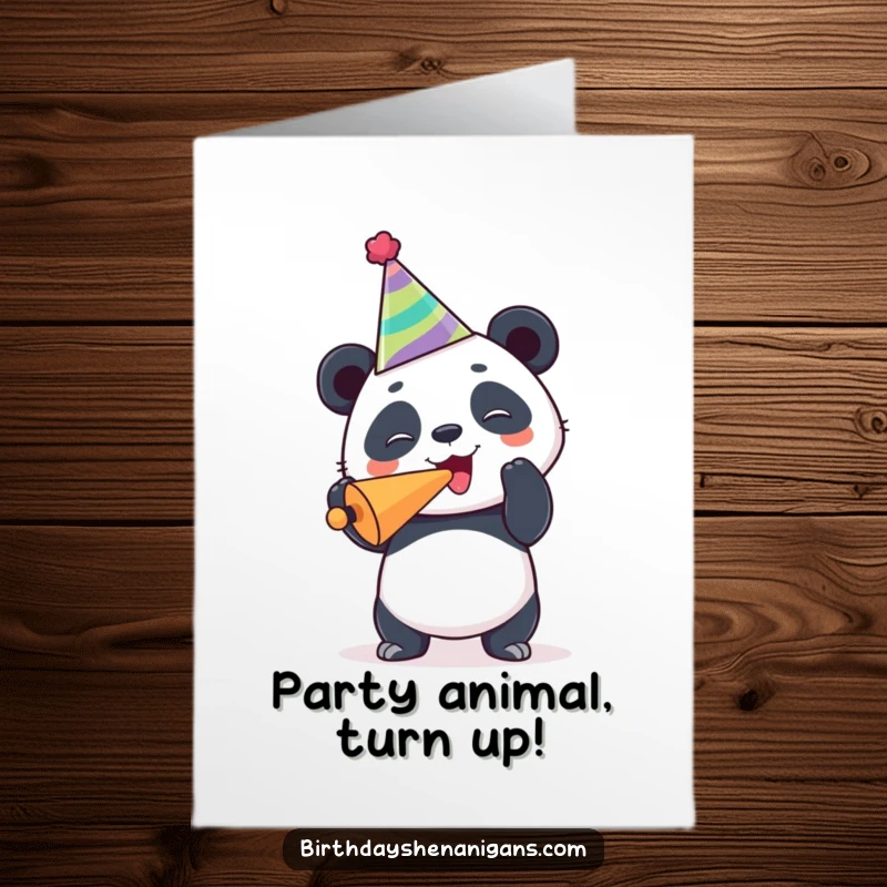 Funny Free Printable Panda Birthday Card: Joyful panda in party hat blowing a noisemaker, spreading birthday cheer with downloadable humor.