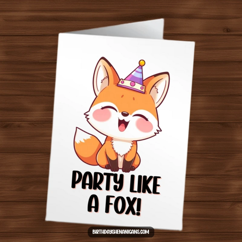 Funny free printable birthday card of a giggling fox comically wearing a party crown tilted hilariously to one side.