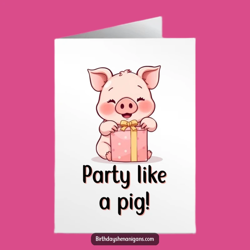 Free Printable Birthday Card: Kawaii Pig Unwrapping Joy, Funny Downloadable Gift