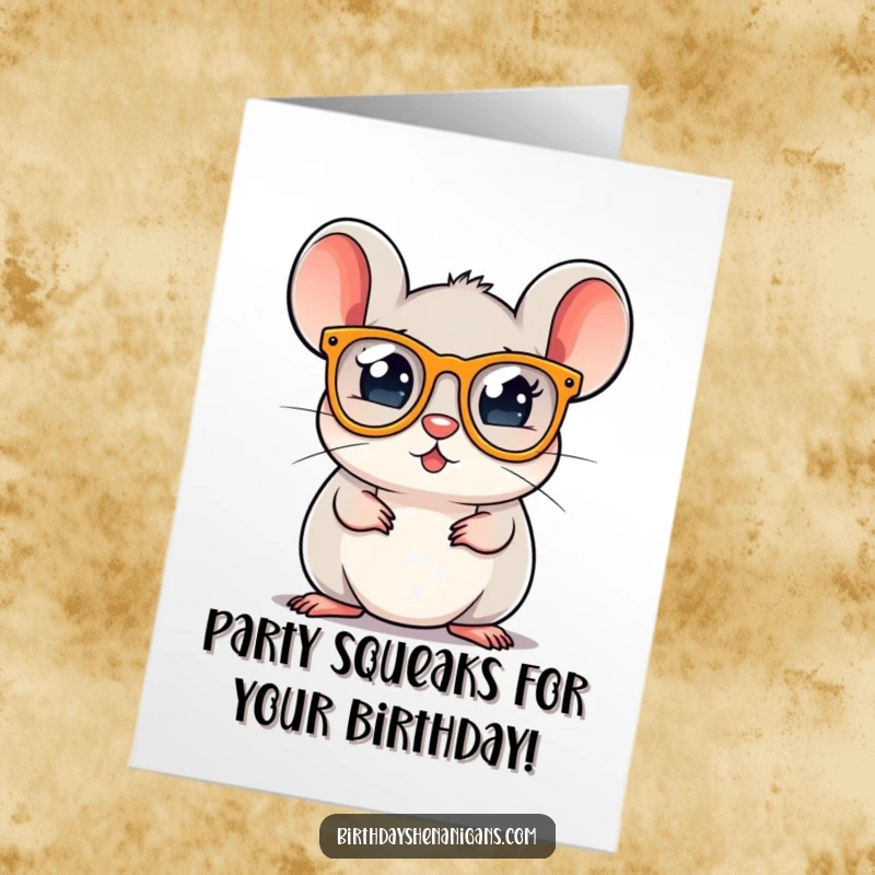 Funny Free Printable Birthday Card: A round, cheerful mouse sporting tiny, sparkly party glasses, embodying pure birthday fun.