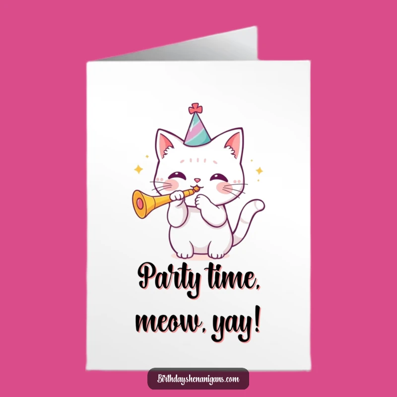 Free Printable Birthday Card: Trumpeting Kawaii Cat, Funny Downloadable Gift!