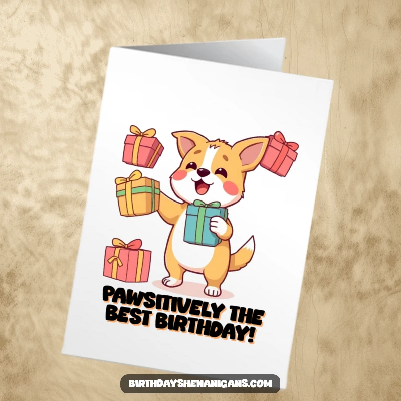 Funny Free Printable Birthday Card: A determined dog expertly juggles colorful gift boxes, ready for a festive birthday celebration.