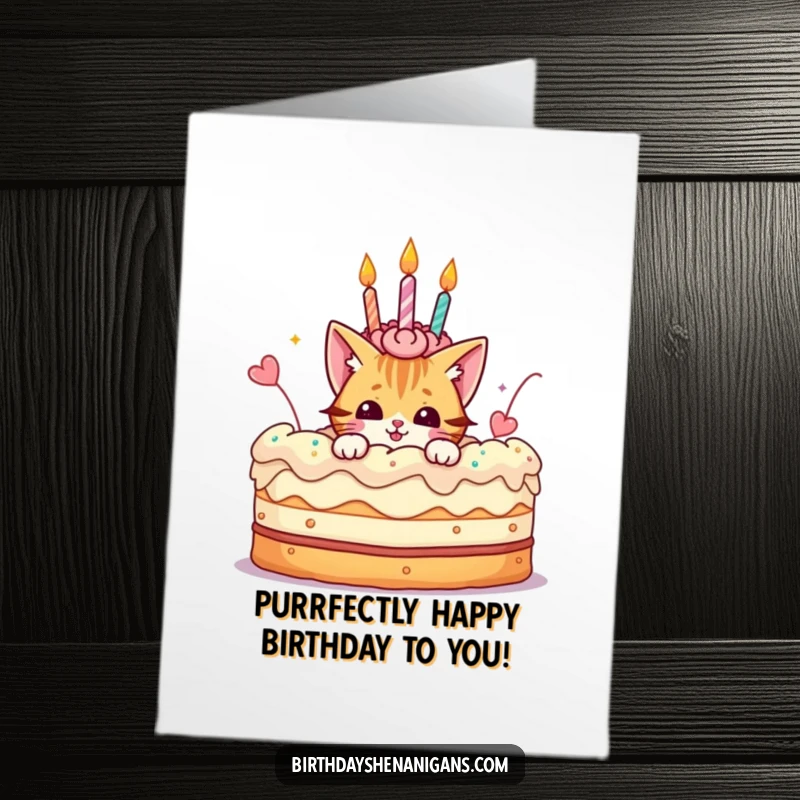 Funny Free Printable Birthday Card: A playful cat peeks out from a giant birthday cake, ready to pounce on the fun.