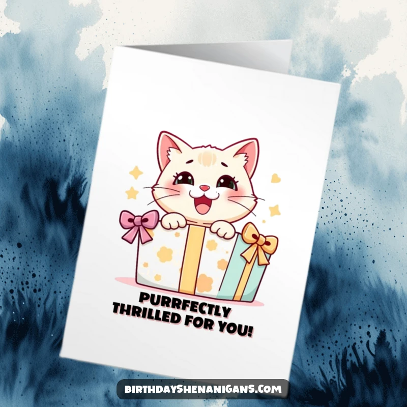 Funny Free Printable Birthday Card: A delighted cat joyfully tears into a large present, eyes wide with excitement.