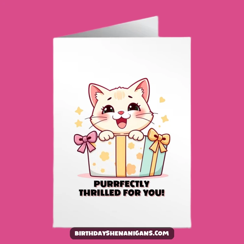 Free Printable Birthday Card: Delighted Cat Unwrapping Gift, Funny Downloadable for a Purrfect Celebration