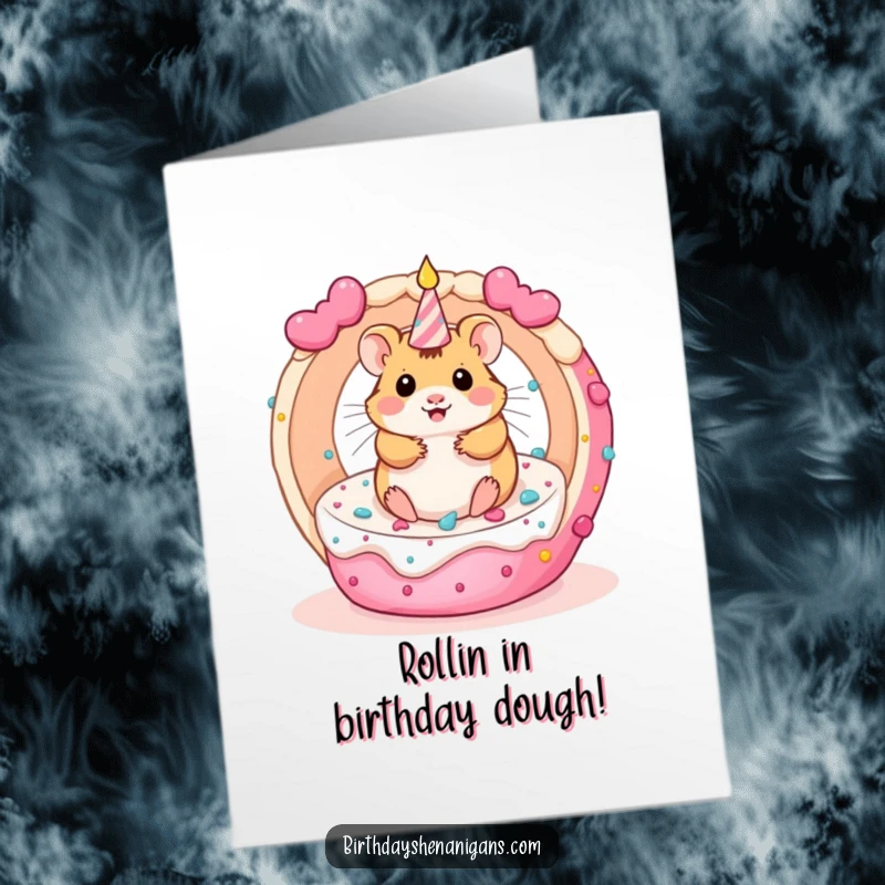 Funny Free Printable kawaii hamster spinning wildly inside a rolling birthday cake, perfect for a birthday card.