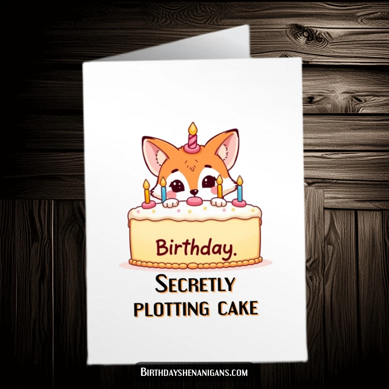Funny free printable birthday card with a sly fox peeking from behind a huge birthday cake, a mischievous downloadable gift idea.