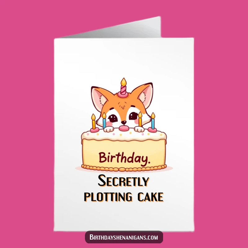 Free Printable Birthday Card: Fox Hiding Cake Funny Downloadable Gift