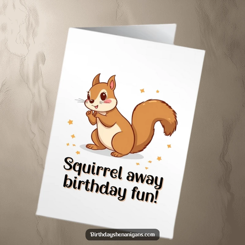 Funny free printable birthday card showing a playful squirrel gleefully scattering wrapping paper, creating festive birthday chaos.