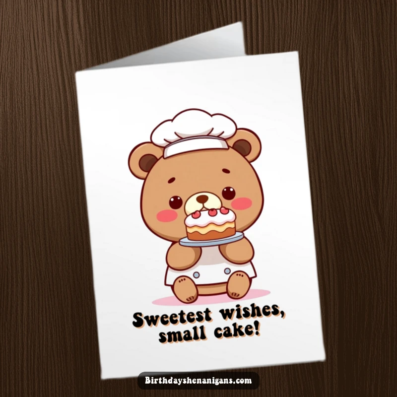 Funny Free Printable Kawaii Bear Chef Birthday Card: A bear chef proudly presenting a ridiculously tiny birthday cake.