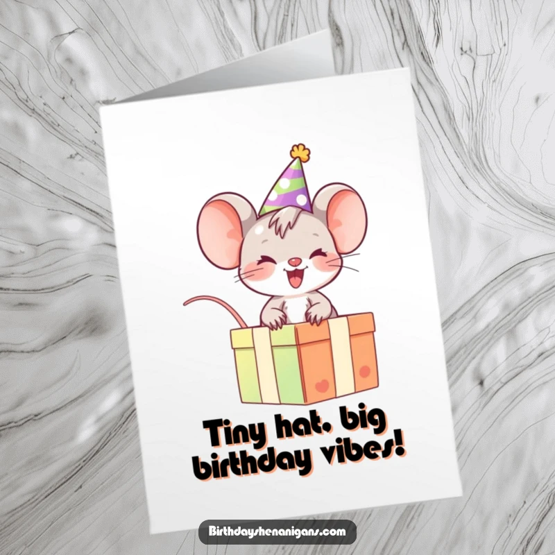 Funny Free Printable Birthday Card: Giggling mouse in party hat joyfully rides a colorful gift box.