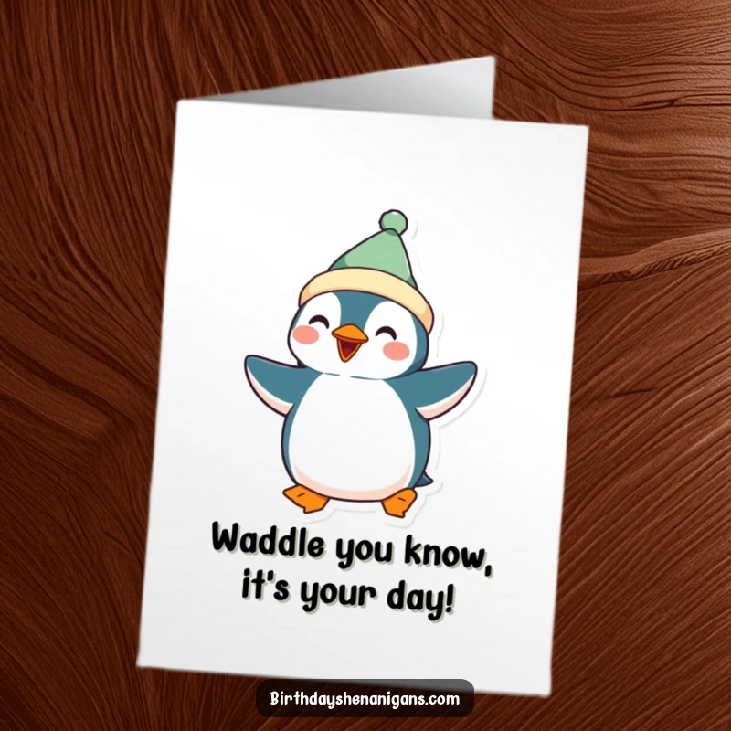 Funny Free Printable Birthday Card: A kawaii penguin in festive attire enthusiastically doing a silly, joyful dance.