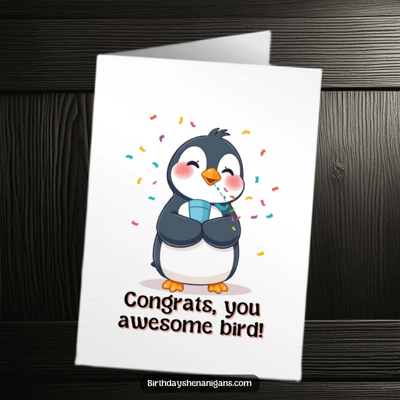 Funny free printable congratulations card showing a wobbly penguin enthusiastically blowing a confetti popper for a grand celebration.