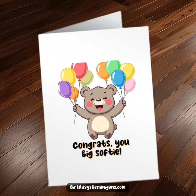 Funny free printable congratulations card of a cheerful bear juggling balloons, celebrating a wonderful achievement.