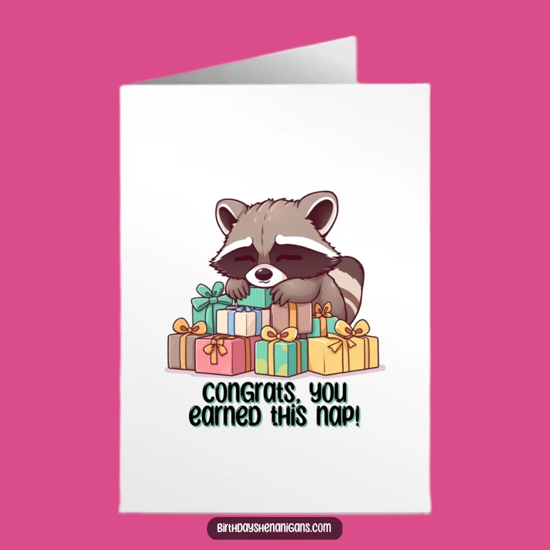 Free Printable Congratulations Card: Sleepy Raccoon Success, Humorous Downloadable Greeting for Relaxed Wins