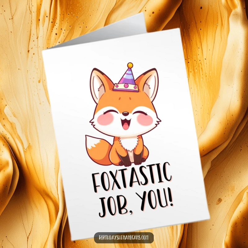 Funny free printable congratulations card showing a giggling fox sporting a party crown worn comically askew, celebrating a success.