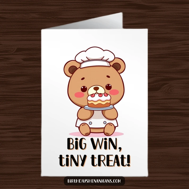 Funny Free Printable Kawaii Bear Chef Congratulations Card: A bear chef presenting a comically small cake with pride.