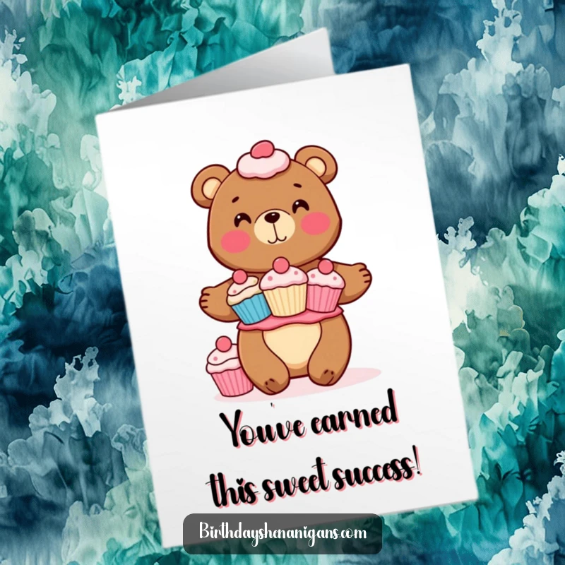 Funny Free Printable Congratulations Card: A happy bear masterfully balances an impressive stack of delicious cupcakes.