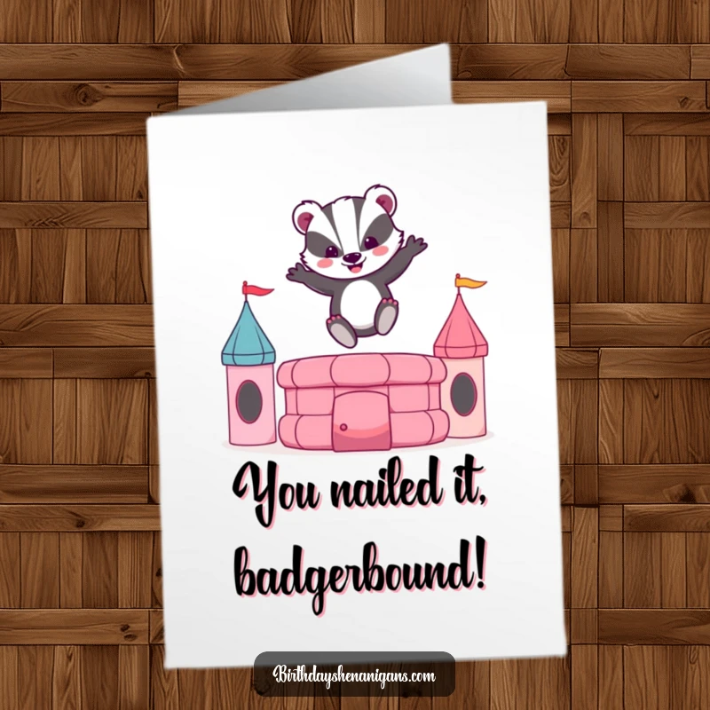 Funny free printable congratulations card featuring a bouncy badger having a blast on a bouncy castle, a fun downloadable art piece.