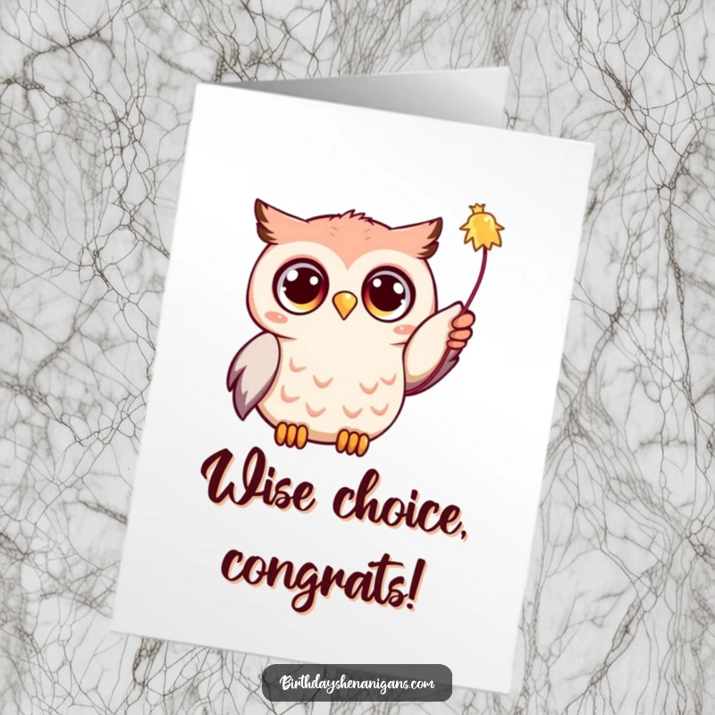 Funny Free Printable Congratulations Card with an excited Kawaii owl with wide eyes, grabbing for a dangling streamer.