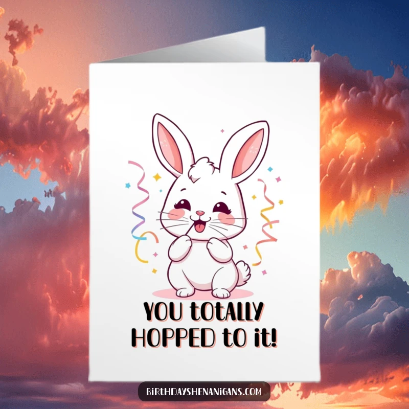 Funny Free Printable Congratulations Card showing a kawaii bunny joyfully blowing party streamers, celebrating good news with a happy expression.
