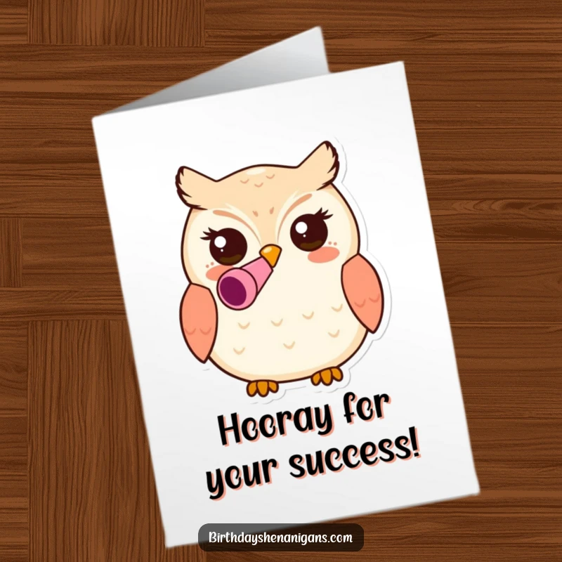 Funny Free Printable Congratulations Card: Kawaii owl character wearing a party blower, expressing cheerful congratulations.