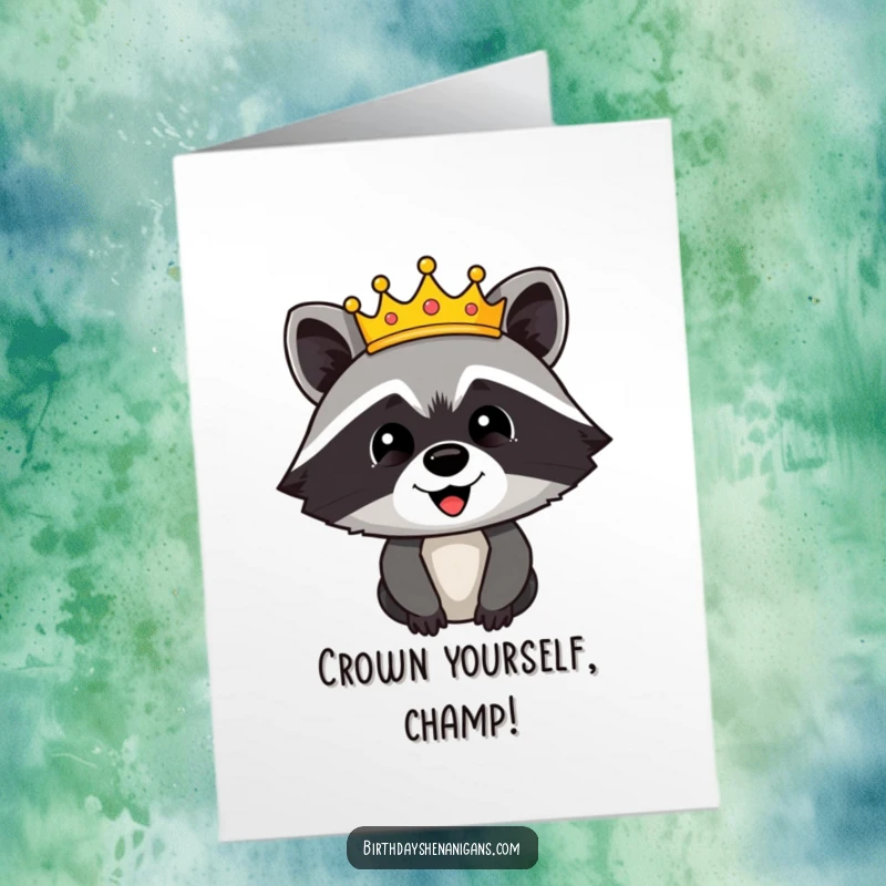 Funny Free Printable Congratulations Card: A happy raccoon character proudly wears a festive crown, celebrating a grand achievement.