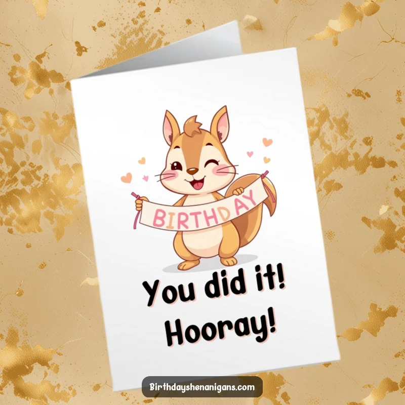 Funny Free Printable Congratulations Card: Playful squirrel holding a celebratory banner, ideal for a humorous DIY gift.