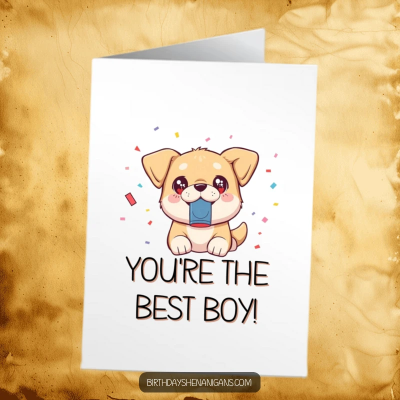 Funny Free Printable Congratulations Card: A kawaii dog with sparkling eyes launching confetti, celebrating achievements.