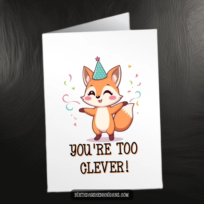 Funny Free Printable Congrats Card: Cheerful fox in sparkly hat dances with streamers, celebrating success.
