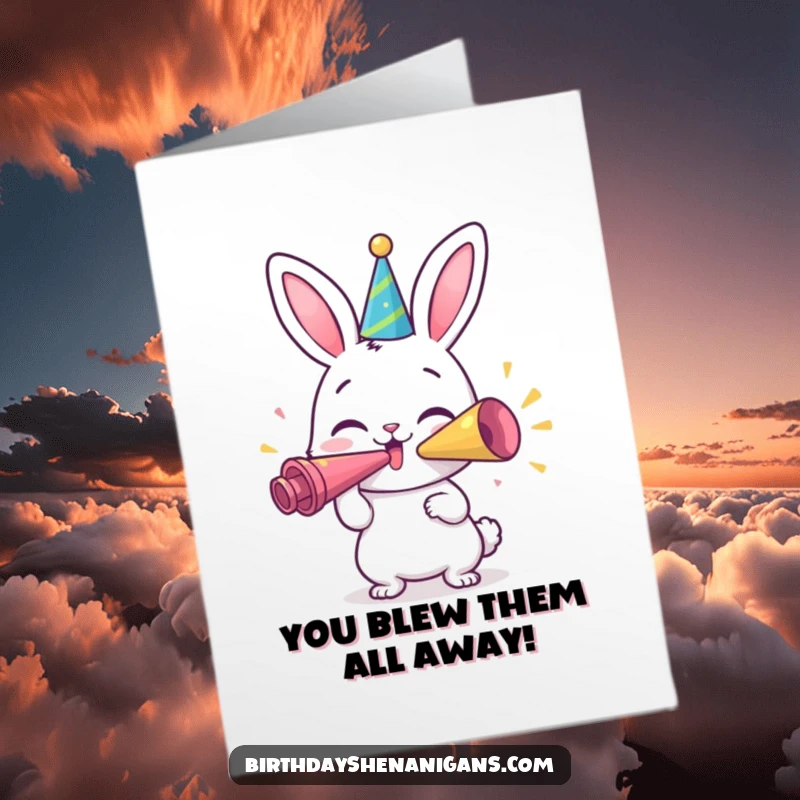 Funny free printable congratulations card with a happy bunny character blowing a giant party horn to announce good news.