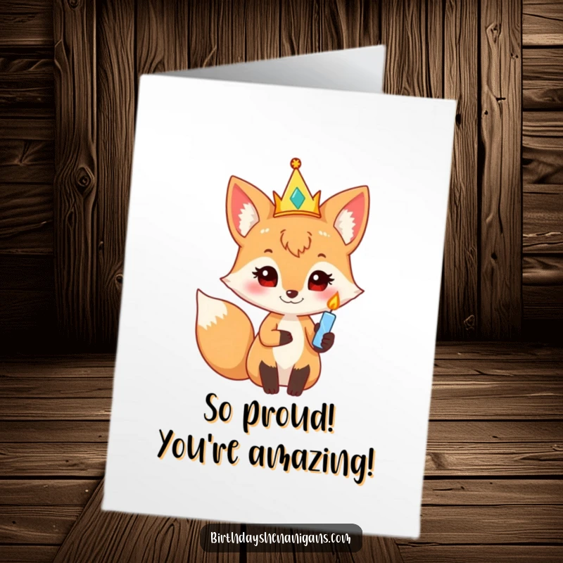 Funny Free Printable Congrats Card: Curious fox wears a crown, holds a candle, a sweet downloadable gift.