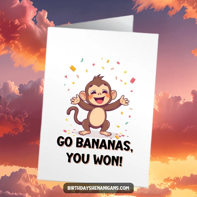 Funny Free Printable Kawaii Monkey Congratulations Card: A delighted monkey gleefully tossing handfuls of confetti into the air.