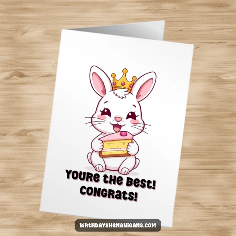 Funny Free Printable Rabbit Congratulations Card: Happy rabbit wearing a crown, holding cake, celebrating success with downloadable royal charm.