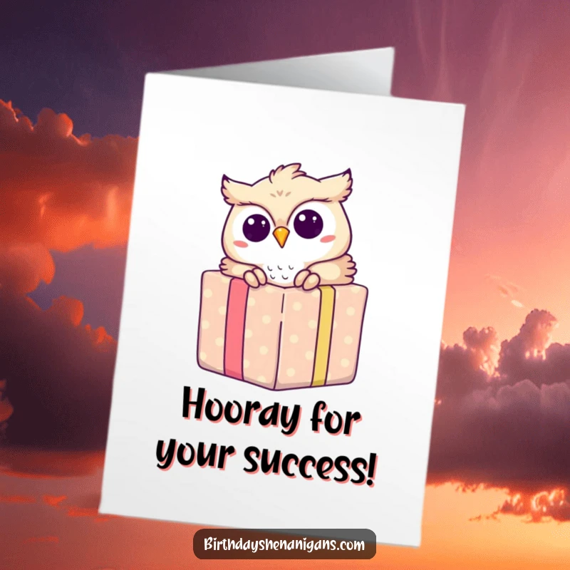 Funny free printable congratulations card with an owl joyfully emerging from a brightly wrapped present, celebrating success.