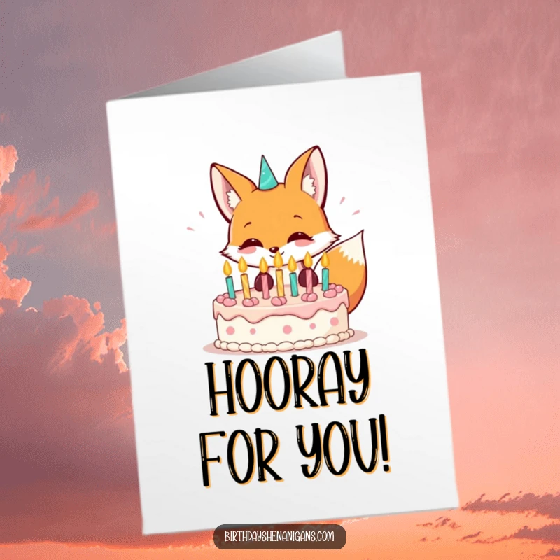 Funny free printable congratulations card: A kawaii fox grinning widely while blowing out birthday candles.