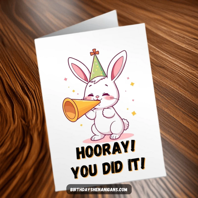 Funny Free Printable Congrats Card: Cheerful bunny in party hat blowing a huge horn to celebrate success, exuding excitement.