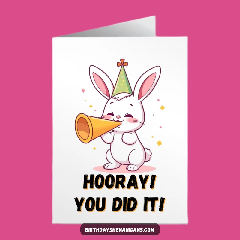Free Printable Congrats Card: Bunny Blows Horn Celebrating Your Awesome Achievement