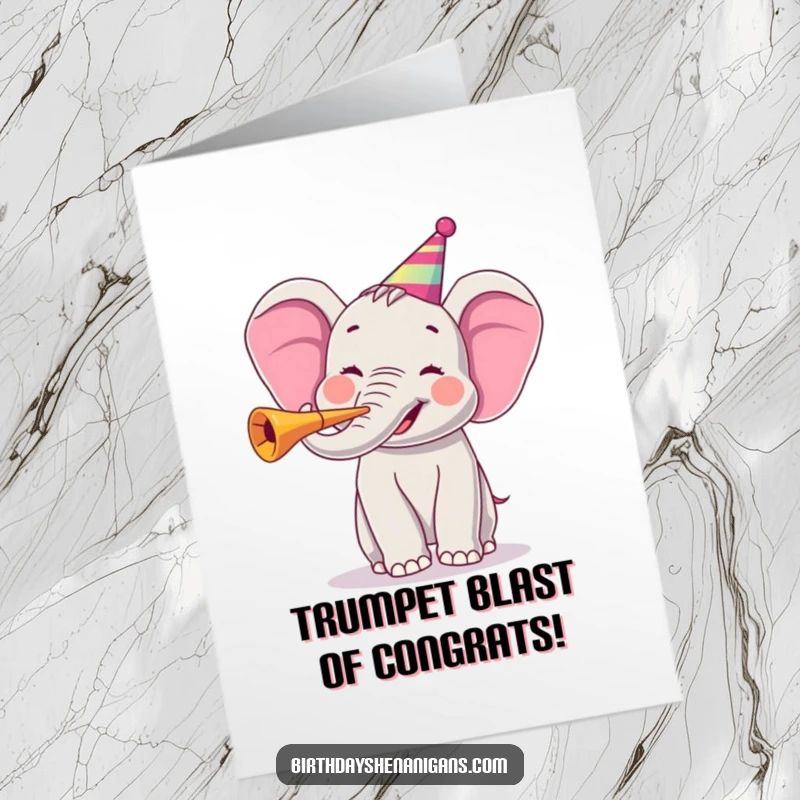 Funny Free Printable Congratulations Card featuring a beaming elephant blasting a party horn, signaling a grand achievement.