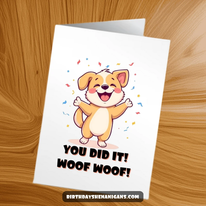 Funny Free Printable Congratulations Card: A jubilant dog performs a lively dance surrounded by festive confetti, celebrating success.