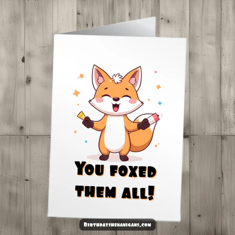 Funny Free Printable Congratulations Card: Joyful fox character expertly juggling party poppers to celebrate success.