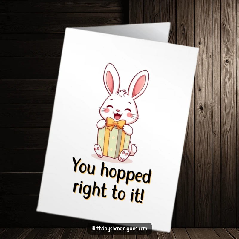 Funny Free Printable Congratulations Card: A cheerful rabbit excitedly opens a brightly colored gift, celebrating good news.
