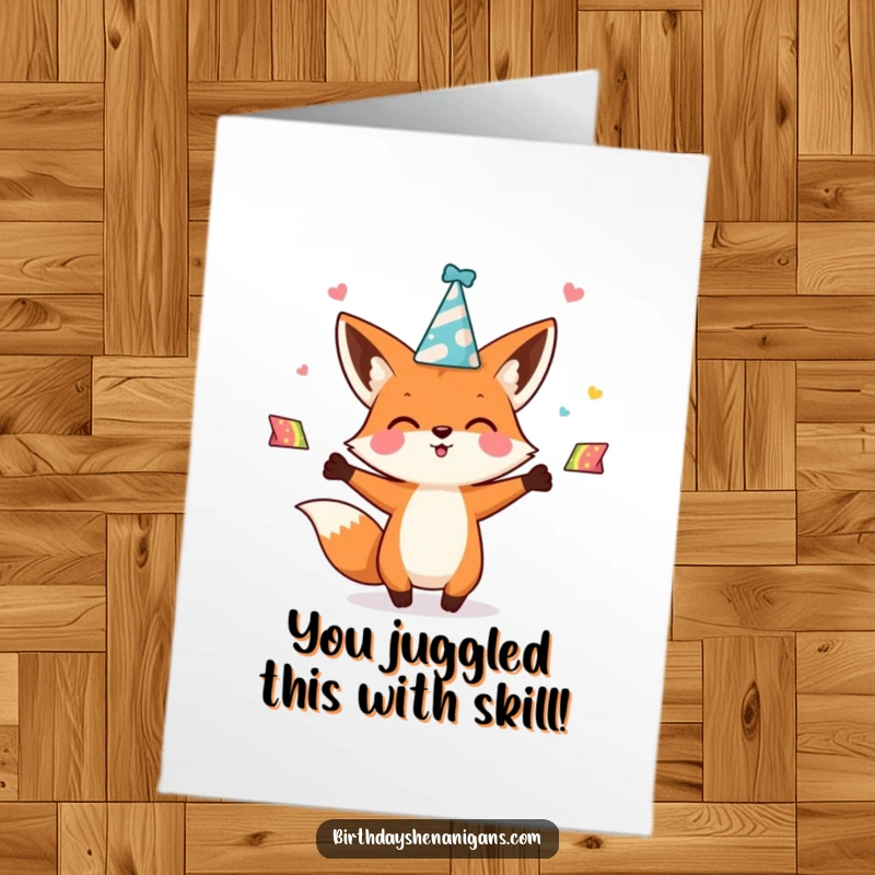 Funny Free Printable Congratulations Card: Enthusiastic kawaii fox character juggles party hats, celebrating a joyful achievement.