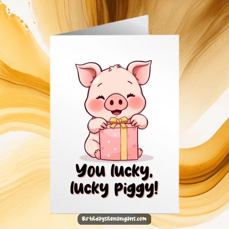 Funny Free Printable Congratulations Card: A cute kawaii pig with rosy cheeks enthusiastically unwrapping a gift in celebration.