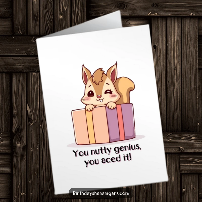 Funny Free Printable Congrats Card: A giggling squirrel peeks out from behind a huge present, full of fun.