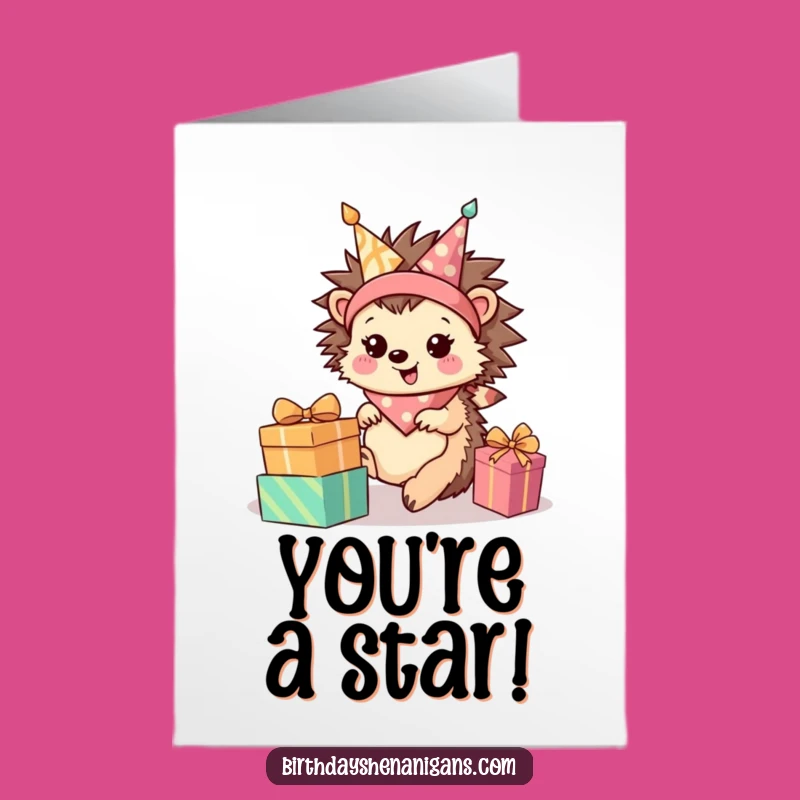 Free Printable Hedgehog Congrats Card: Rolling Presents Celebration Downloadable