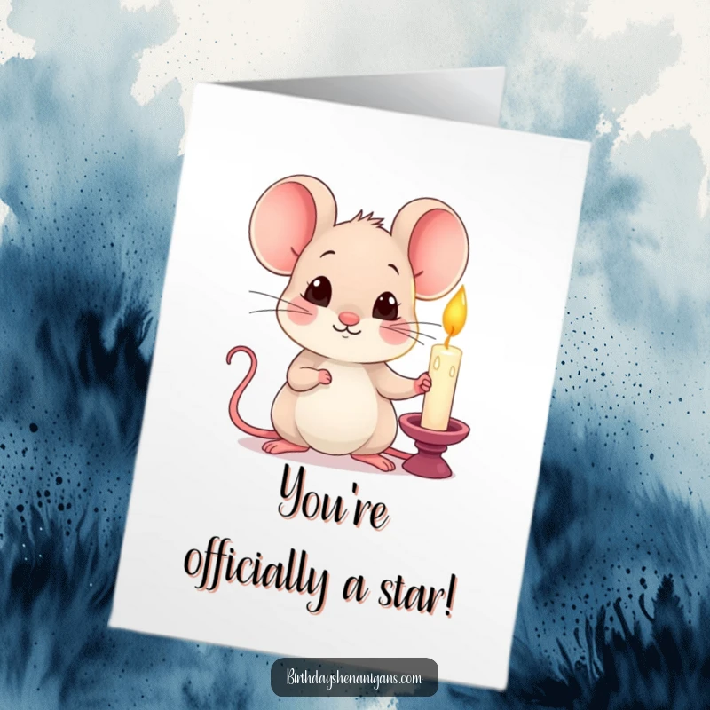 Funny Free Printable Congratulations Card: A curious kawaii mouse holding a lit candle, perfect for any milestone.