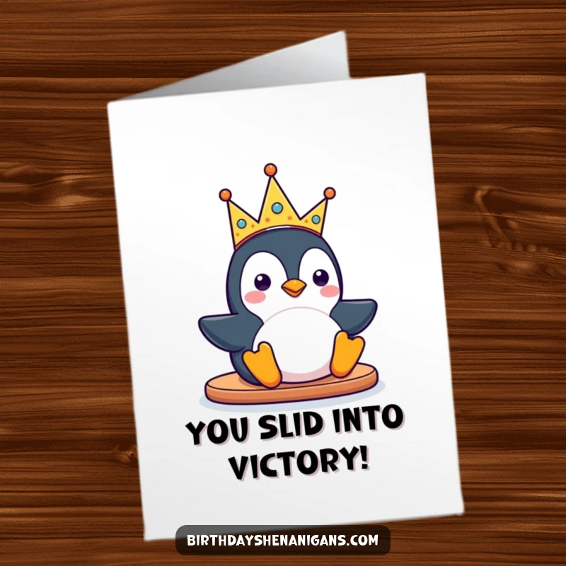 Funny Free Printable Congratulations Card: Kawaii penguin character slides wearing a silly crown, celebrating a wonderful achievement.